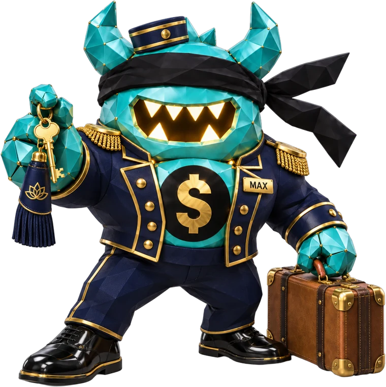 Max, the Data Travel robot concierge: a turquoise low-poly monster robot in a navy and gold concierge jacket with a MAX badge, holding a gold room key and a vintage suitcase