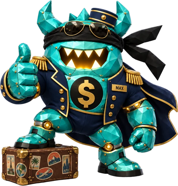 Max the robot concierge giving a thumbs up, one foot on a vintage suitcase covered in travel stickers